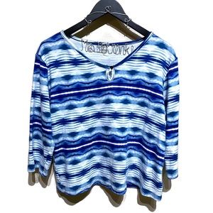 Anne Klein Sport Keyhole Blue Stripe Tie Dye Top